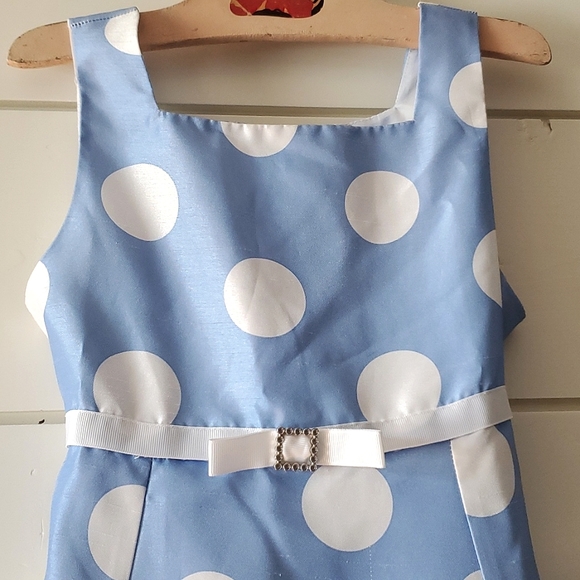 Polka Dot Tank Dress, Carolina Blue & White Satin, Ribbon Sash, Sleeveless, 7 - Picture 2 of 7